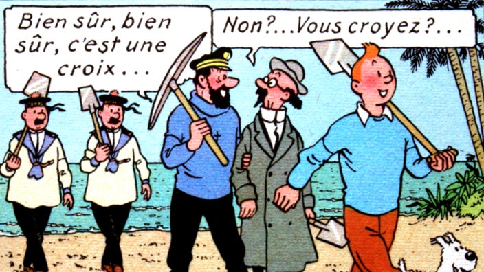 Ausschnitt eines Comics zeigt Tim und Struppi und noch weitere Charaktere, gezeichnet im typischen Ligne claire-Stil | Bildquelle: ddp images/CAMERA PRESS/Cass Ausschnitt eines Comics zeigt Tim und Struppi und noch weitere Charaktere, gezeichnet im typischen Ligne claire-Stil