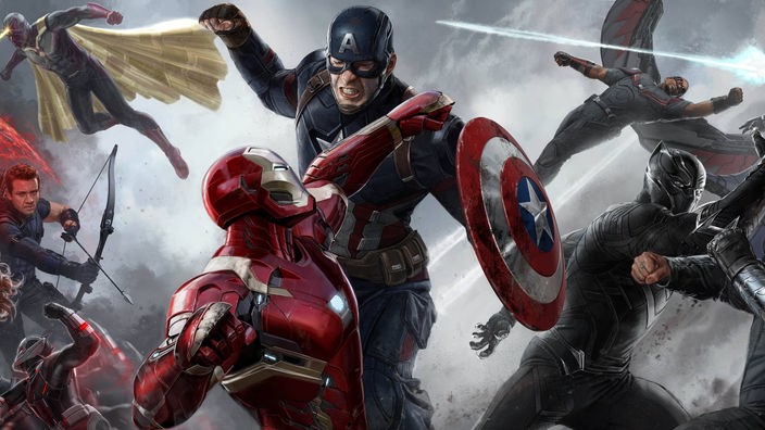 Szene aus dem Film The First Avenger: Civil War. Iron Man und Captain America bekämpfen sich.