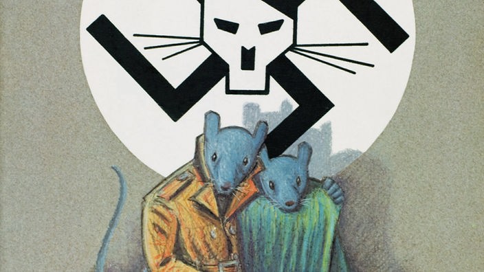 Das Cover der Graphic Novel Maus zeigt ein Hakenkreuz mit dem Kopf von Hitler in der Mitte davon. Unter dem Hakenkreuz sitzen 2 Mäuse mit Kleidung an. 
