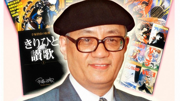 Zu sehen: Osamu Tezuka von vorne mit Brille und Baskenmütze