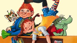 Das Bild zeigt die Helden verschiedener Kinderbücher, darunter Pippi Langstrumpf, das Sams und Findus.