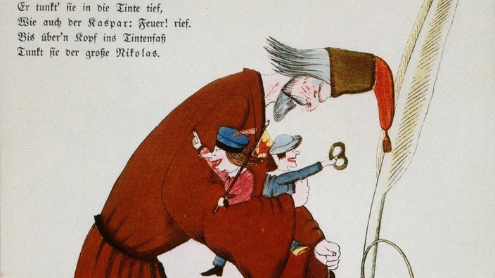 Lithografie aus dem Buch "Struwwelpeter": Der wütende Niklas tunkt drei Jungen in ein Tintenfass | Bildquelle: akg Lithografie aus dem Buch "Struwwelpeter": Der wütende Niklas tunkt drei Jungen in ein Tintenfass