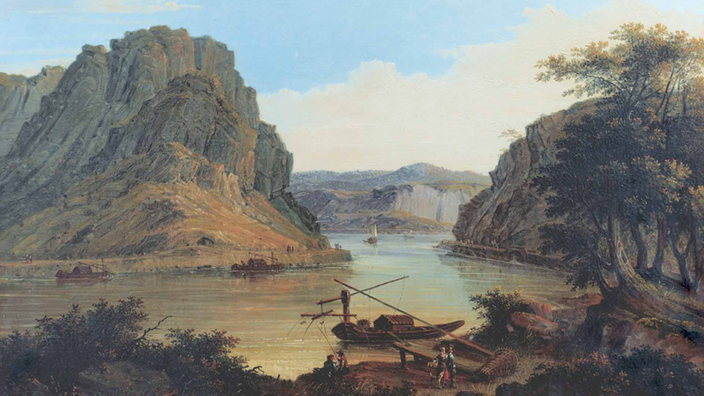 Ein romantisierendes Ölgemälde zeigt die Rheinbiegung bei St. Goarshausen und den berühmten Loreley-Felsen | Bildquelle: akg-images Ein romantisierendes Ölgemälde zeigt die Rheinbiegung bei St. Goarshausen und den berühmten Loreley-Felsen