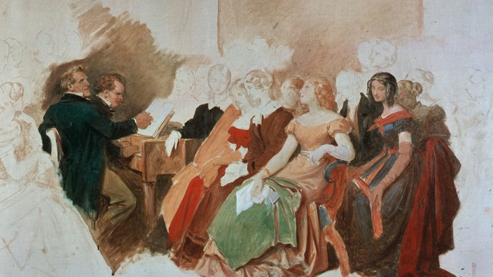 Eine Ölskizze zeigt den Komponisten Schubert und den Sänger Michael Vogl am Klavier. Umringt werden sie von Damen in edler Gaderobe. | Bildquelle: akg-images Eine Ölskizze zeigt den Komponisten Schubert und den Sänger Michael Vogl am Klavier. Umringt werden sie von Damen in edler Gaderobe.