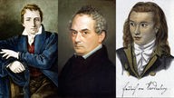 Collage aus Porträts von Heinrich Heine, Clemens Brentano und Novalis