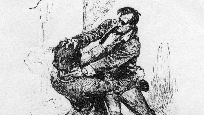 Zeichnung: Sherlock Holmes und Professor Moriarty kämpfen an den Reichenbachfällen
