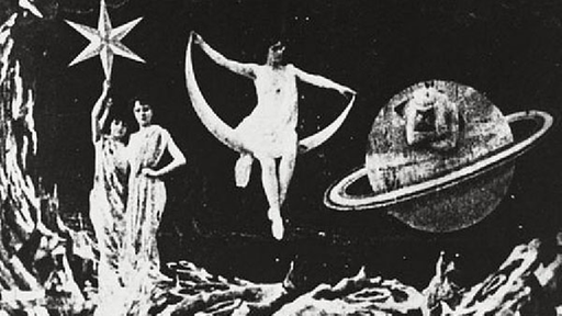 Schwarzweiß-Foto einer Szene aus dem Stummfilm "Die Reise zum Mond".