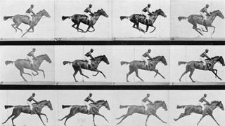Serienaufnahme eines Pferds mit Reiter, die über ein Hindernis springen.