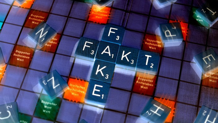 Scrabble-Buchstaben bilden die Wörter Fakt und Fake