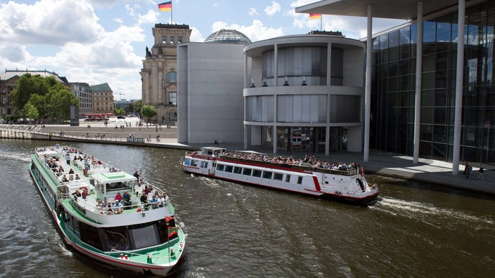 Das Bild zeigt die Spree mit zwei Ausflugsschiffen darauf. Am Ufer stehen das historische Bundestagsgebäude und das Regierungsviertel.