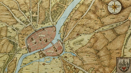 Das Bild zeigt einen alten Stadtplan der Doppelstadt Cölln-Berlin von 1600.