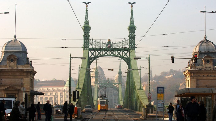 Brücke mit Stahlträgern und verzierten Brückenpfeilern. Eine Straßenbahn fährt gerade darüber. | Bildquelle: dpa Brücke mit Stahlträgern und verzierten Brückenpfeilern. Eine Straßenbahn fährt gerade darüber.