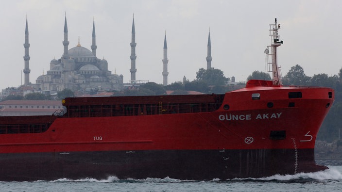 Hinter einem riesigen Frachtschiff kann man eine Moschee am Ufer erkennen | Bildquelle: AP/Lefteris Pitarakis Hinter einem riesigen Frachtschiff kann man eine Moschee am Ufer erkennen