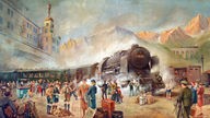 Auf einem Gemälde sieht man viele Menschen am Bahnhof vor einer einlaufenden Dampflok. Im Hintergrund hat der Maler Alexander Pawlowitz Berge gezeichnet.