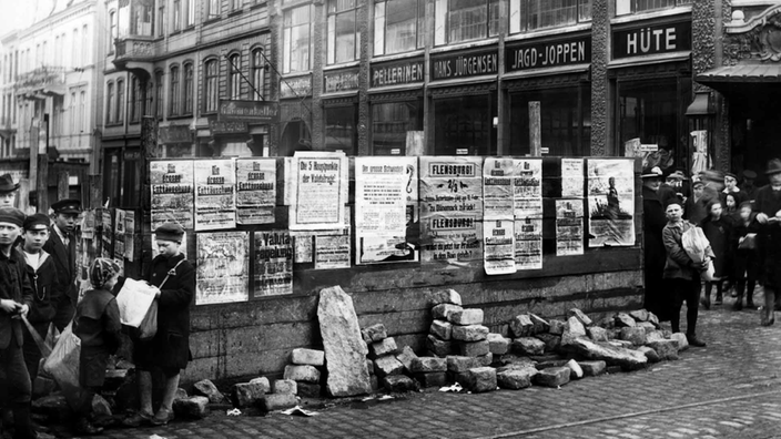 Deutsch-dänische Abstimmung in Flensburg 1920, Holzwand mit Plakaten.