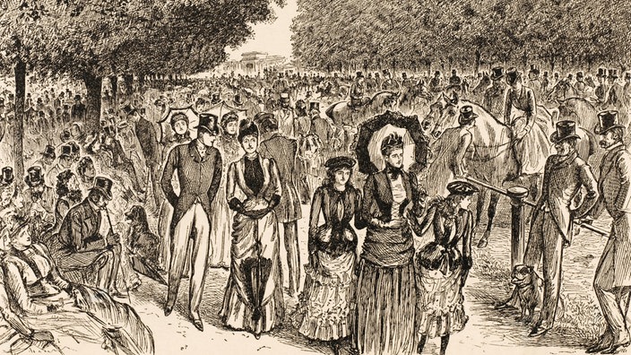 Zeichnung: Die vornehme Gesellschaft beim Sonntagsspaziergang im Hyde Park 1885