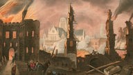 Ein alter Stich zeigt das brennende London 1666