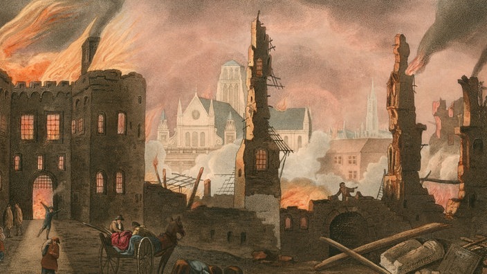 Ein alter Stich zeigt das brennende London 1666 | Bildquelle: picture alliance / Mary Evans Picture Library Ein alter Stich zeigt das brennende London 1666