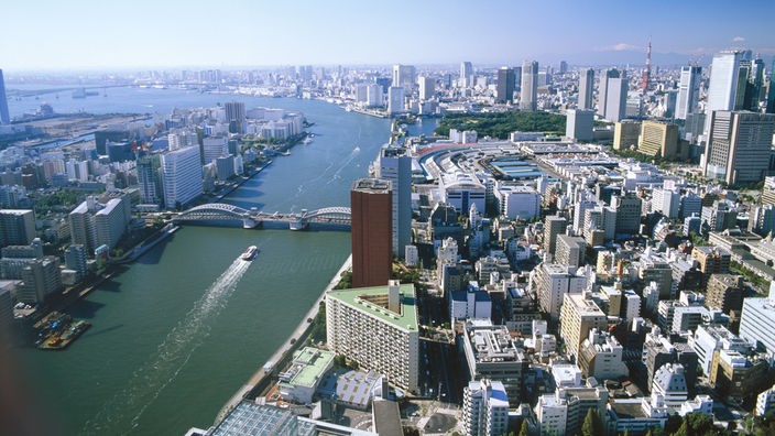 Tokio von oben: viele Hochhäuser und ein Fluss.
