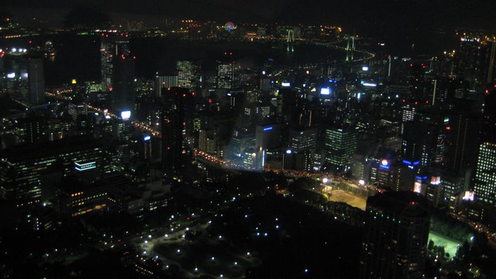 Blick vom 'Tokyo Tower' auf die Stadt bei Nacht. Man sieht viele beleuchtete Hochhäuser und Straßenzüge.
