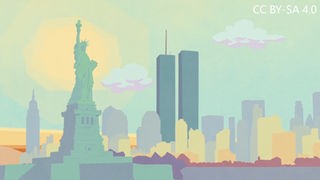Freiheitsstatue und die Türme des World Trade Center im Sonnenaufgang
