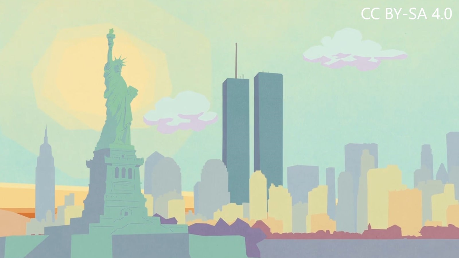 Freiheitsstatue und die Türme des World Trade Center im Sonnenaufgang