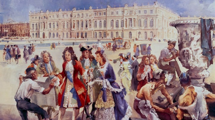 Zeichnung von Ludwig XIV. mit seiner Hofgesellschaft während der Baumaßnahmen.