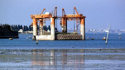 Bauarbeiten in der Lagune von Venedig. Mehrere Kräne stehen im Wasser. | Bildquelle: dpa Bauarbeiten in der Lagune von Venedig. Mehrere Kräne stehen im Wasser.