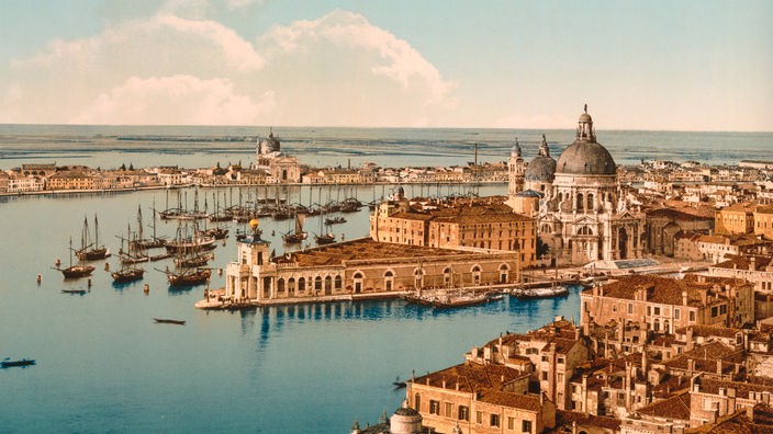 Photocrom von 1890: Blick über Venedig und Wasser