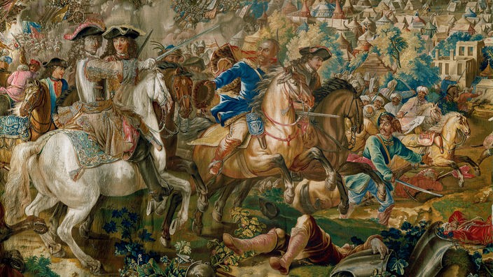 Ein Bildteppich zeigt eine Schlachtszene aus dem Jahr 1683