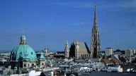 Stadtansicht von Wien: Vor blauem Himmel ist die Altstadt mit dem Stephansdom und der Karlskirche zu sehen. 