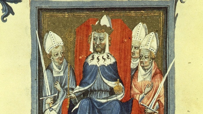 Buchmalerei: Kaiser Karl IV. mit Bischöfen.