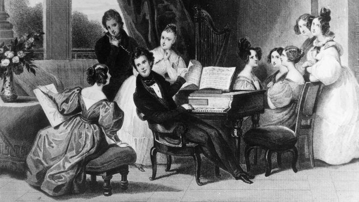 Zeichnung: Chopin am Klavier, umgeben von Zuhörerinnen