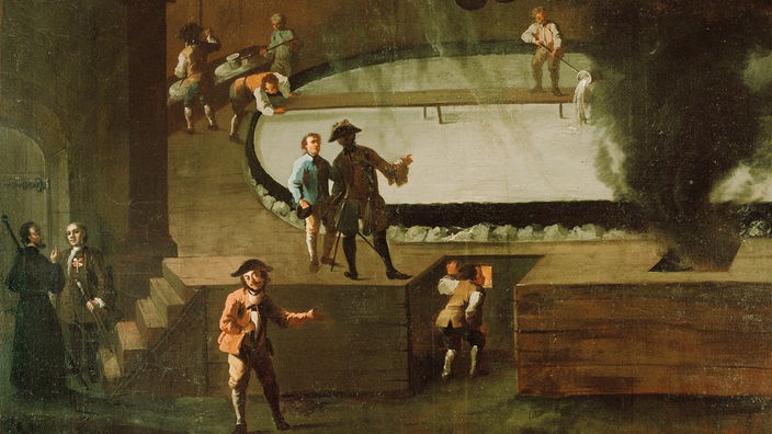 Altes Gemälde: Salinenarbeiter und Beamte im Salzbergwerk in Hallein