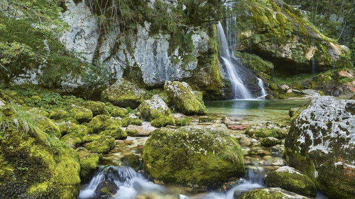 Mit Moos bewachsene Steine an einem See mit kleinem Wasserfall 