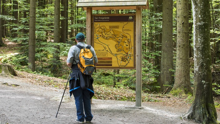 Wanderer vor Hinweistafel | Bildquelle: Imago/alimdi Wanderer vor Hinweistafel