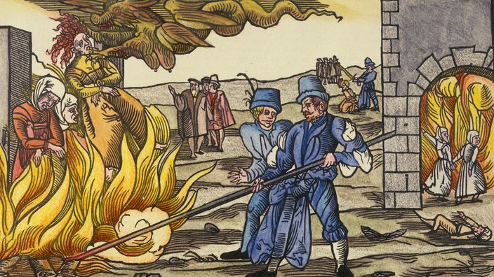 Zeitgenössisches Flugblatt mit Holzschnitt: Feuertod von drei Zauberinnen.