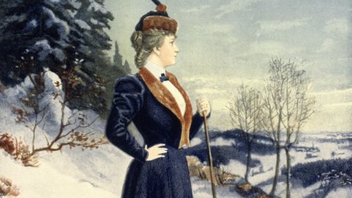 Die Zeichnung "Auf schneeiger Höhe" von Erich Sturtevant zeigt eine Frau auf Skiern im Gebirge
