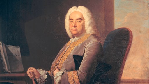 Ölgemälde, das Händel mit weißer Barockperücke und barocker Kleidung zeigt. 