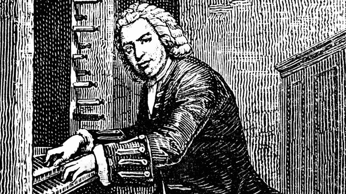 Johann Sebastian Bach, deutscher Komponist, an der Orgel sitzend. 