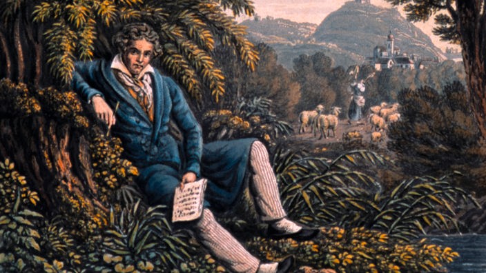 Ein Gemälde zeigt Beethoven an einem Bach sitzend, während er komponiert. Im Hintergrund steht eine Burg auf einem Hügel.