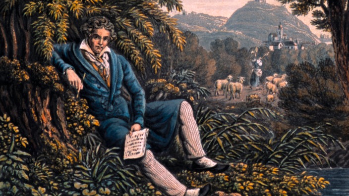 Ein Gemälde zeigt Beethoven an einem Bach sitzend, während er komponiert. Im Hintergrund steht eine Burg auf einem Hügel. | Bildquelle: akg Ein Gemälde zeigt Beethoven an einem Bach sitzend, während er komponiert. Im Hintergrund steht eine Burg auf einem Hügel.