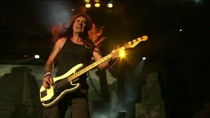 Aufnahme eines Metal-Bassisten, der auf der Bühne abrockt.
