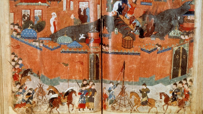 Farbiger Stich in einem Buch: Mongolen belagern Bagdad
