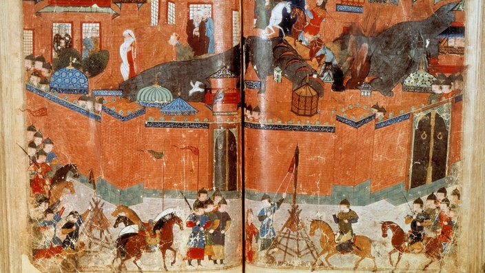Farbiger Stich in einem Buch: Mongolen belagern Bagdad | Bildquelle: AKG/Visioars Farbiger Stich in einem Buch: Mongolen belagern Bagdad