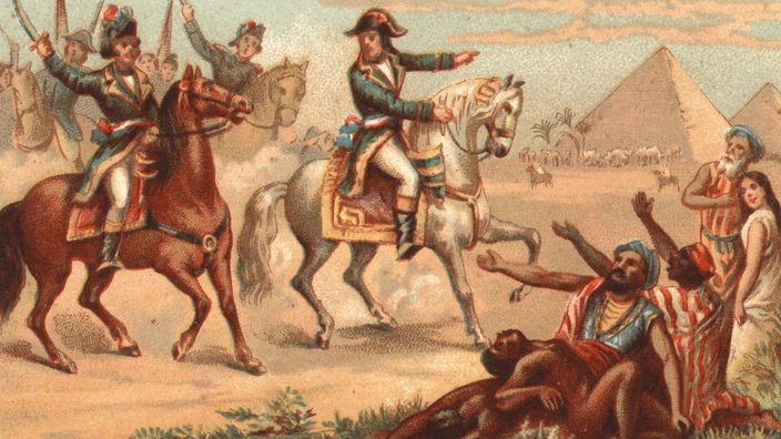 Sammelbildchen: Napoleon auf dem Pferd vor den ägyptischen Pyramiden