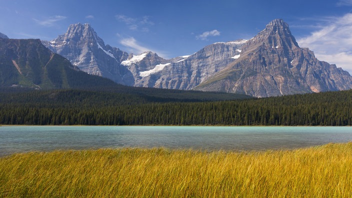 Banff National Park: ein eisblauer See, davor schneebedeckte Bäume, im Hintergrund verschneite Berge.