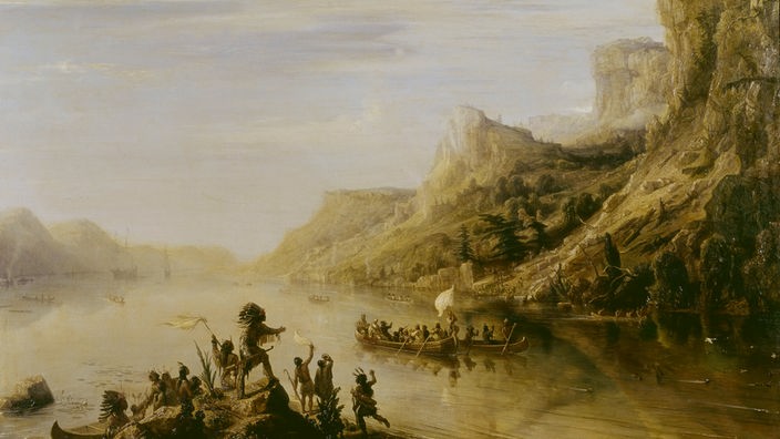 Gemälde: Ein paar Männer rudern auf kleinen Booten auf einem Fluss. Indianer begrüßen sie vom felsigen Ufer aus.