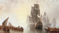 Gemälde: Ein Segelschiff ist von indianischen Kanus umringt.