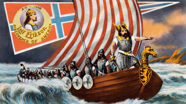 Farbige gemalte Postkarte: Leif Eriksson auf einem Wikingerschiff.